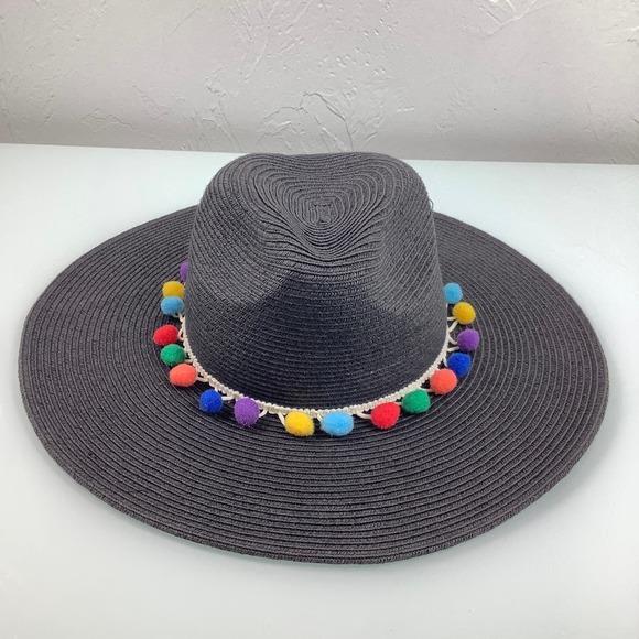 Sun N Sand Wide Rim Pom Pom Multicolor Black Straw Hat Size OSFM 22” EUC - Picture 10 of 12
